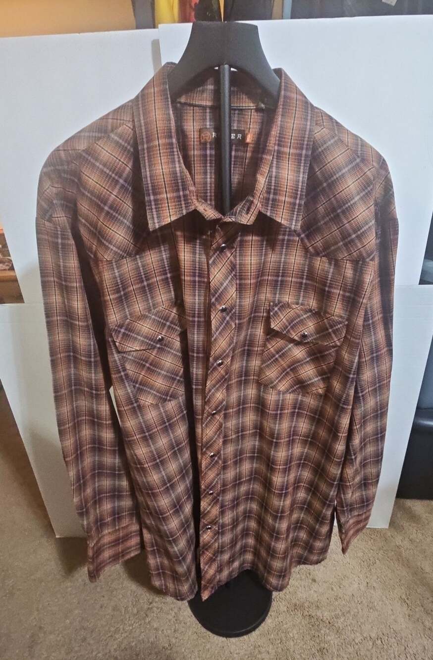 Roper Western Shirt Size 3XL Brown Plaid Long Sleeve Pearl Snap